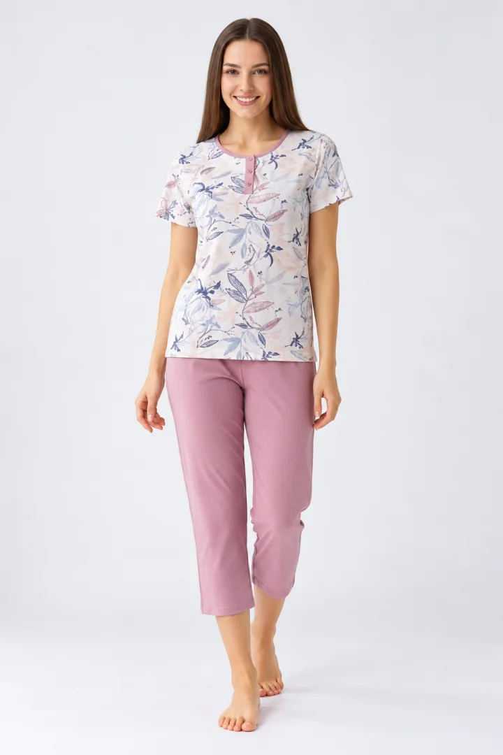 Pijama damă Freenight mov cu frunze, pantaloni 3/4