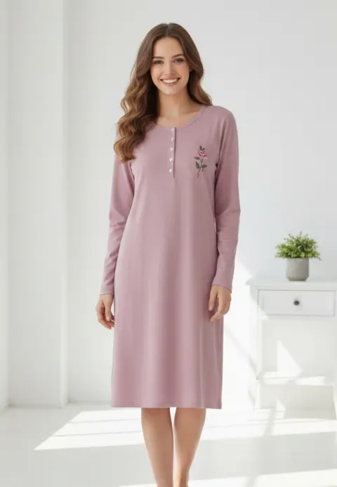 Rochie de casă mov cu imprimeu trandafir