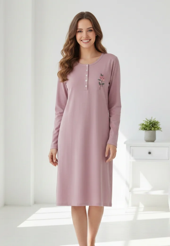 Rochie de casă mov cu imprimeu trandafir
