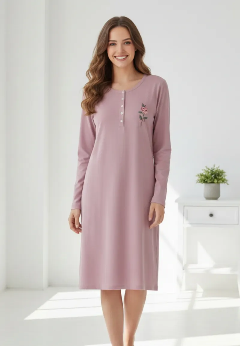 Rochie de casă mov cu imprimeu trandafir