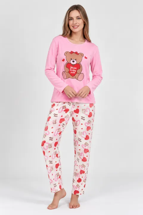 Pijama damă roz cu imprimeu cu ursuleț