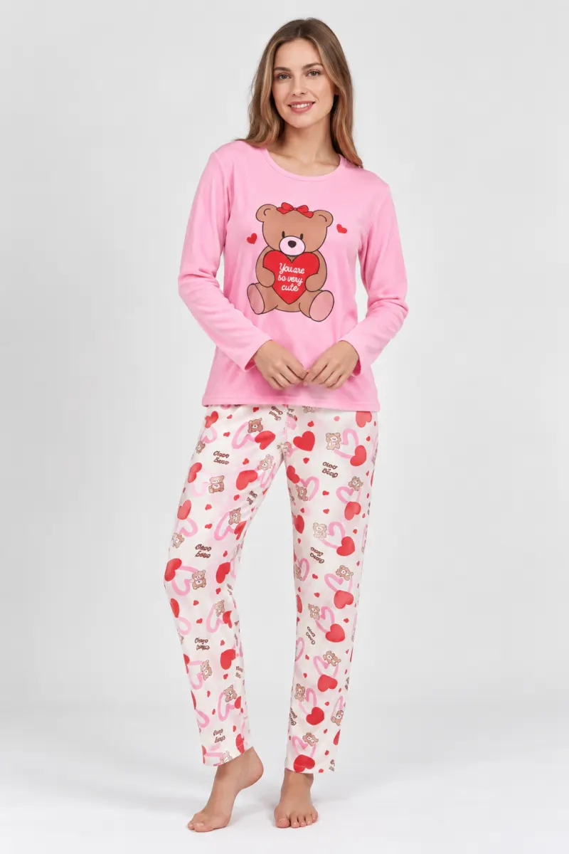 Pijama damă roz cu imprimeu cu ursuleț