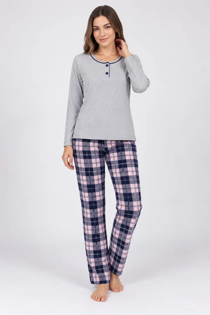 Pijama damă  mânecă scurtă și pantaloni lungi gri cu roz