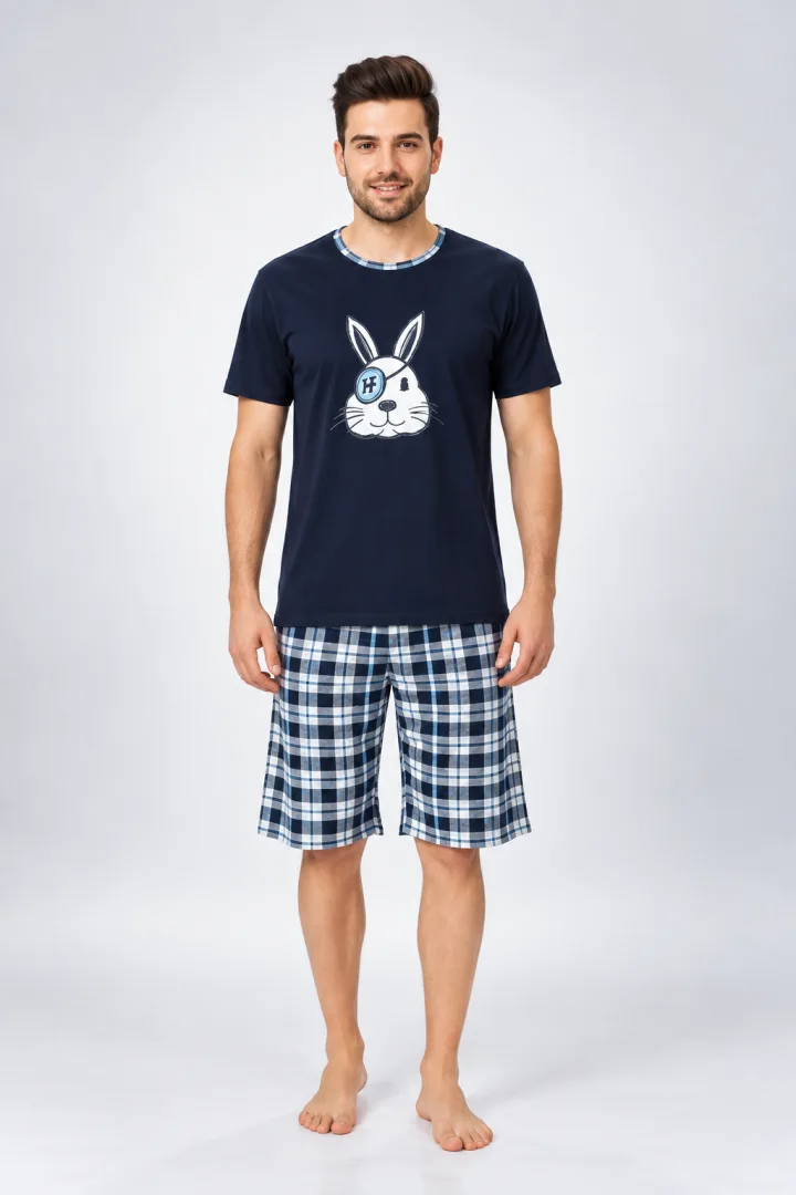 Pijama bărbat pantaloni 3/4, imprimeu iepure pirat, bleumarin