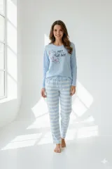 Pijamale damă cu mânecă lungă și pantaloni lungi, imprimeu Cat Day, blue