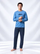 Pijama bărbați cu mânecă lungă și pantaloni lungi cu imprimeu
