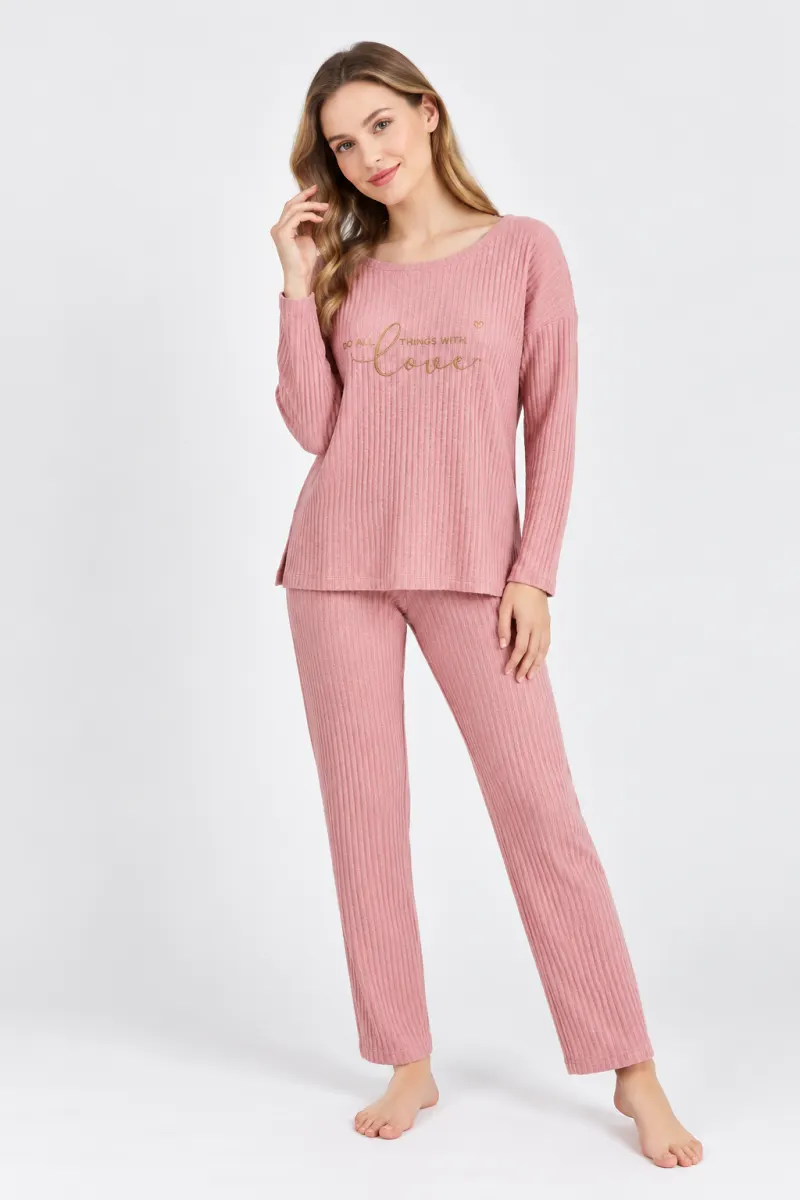 Pijama damă roz „Love” din bumbac