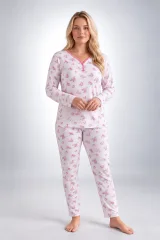 Pijama damă Big Size din bumbac, cu mânecă lungă și pantaloni lungi, albă cu imprimeu floral roz