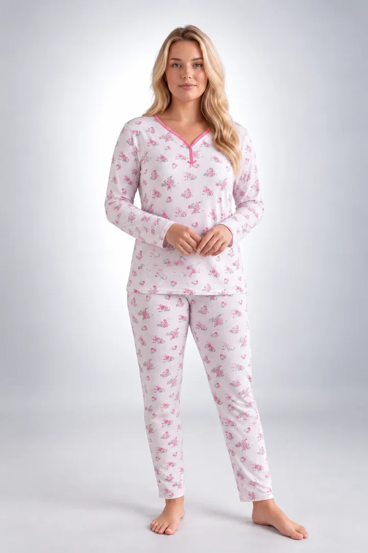 Pijama damă Big Size din bumbac, cu mânecă lungă și pantaloni lungi, albă cu imprimeu floral roz