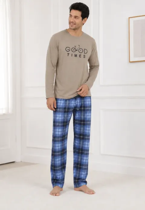 Pijama barbat bej cu carouri albastre