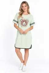 Rochie casual damă din bumbac 100%, cu mânecă scurtă și imprimeu ursuleț, verde