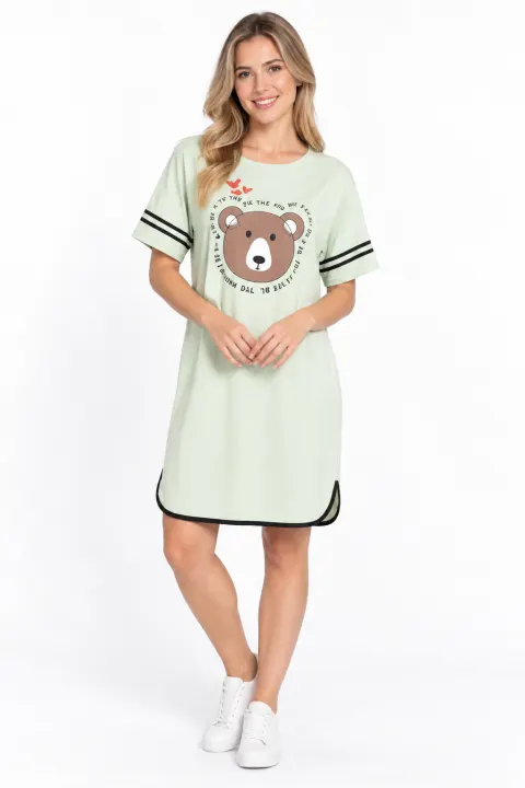 Rochie casual damă din bumbac 100%, cu mânecă scurtă și imprimeu ursuleț, verde
