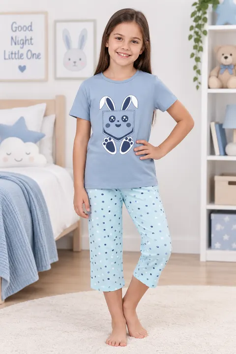 Pijama fetițe de Paște – tricou gri și pantaloni 3/4 cu imprimeu