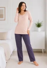 Pijama de dama roz deschis cu maneca lunga si pantaloni lungi gri cu buline