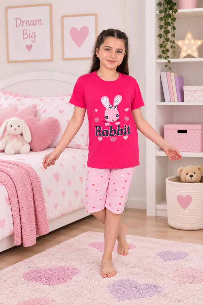 Pijama fetițe din bumbac cu tricou și pantaloni 3/4 – imprimeu Rabbit, roz închis
