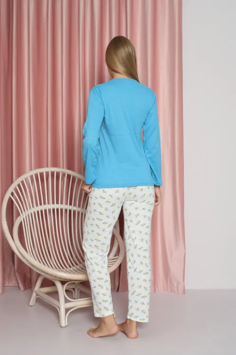 Pijama damă, cu mânecă lungă și pantaloni cu imprimeu Good morning