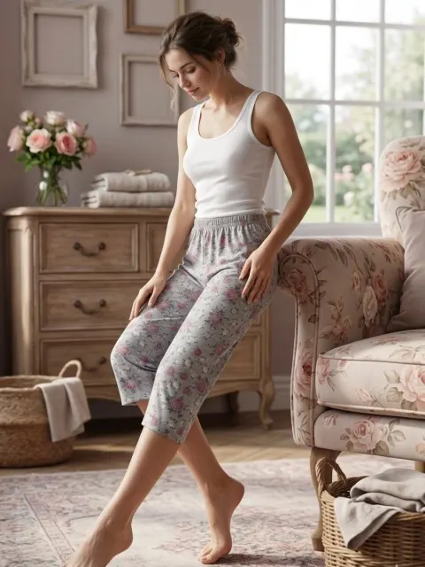 Pantaloni de pijama dama 3/4 gri cu roz
