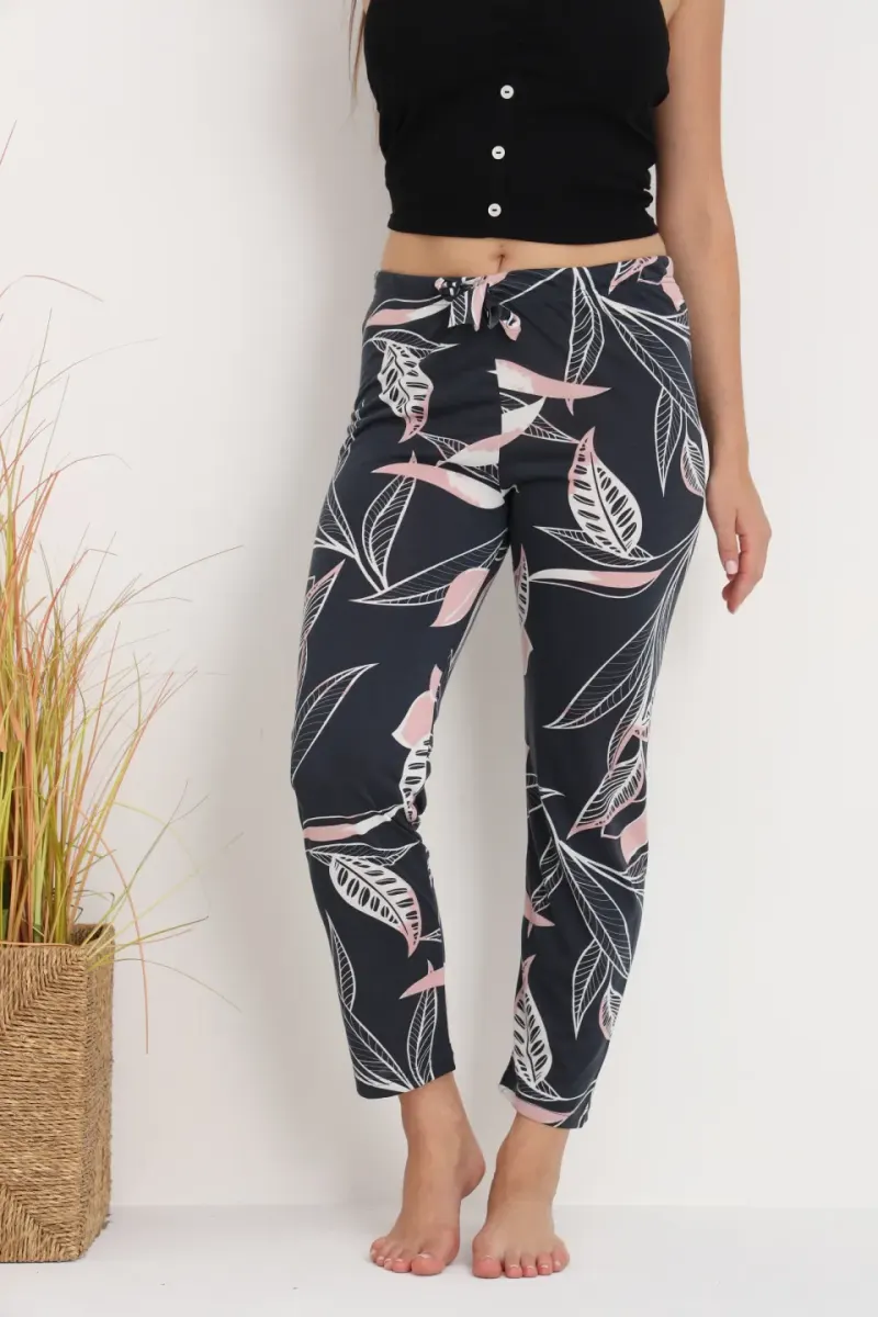Pantaloni de pijama damă negri cu flori roz