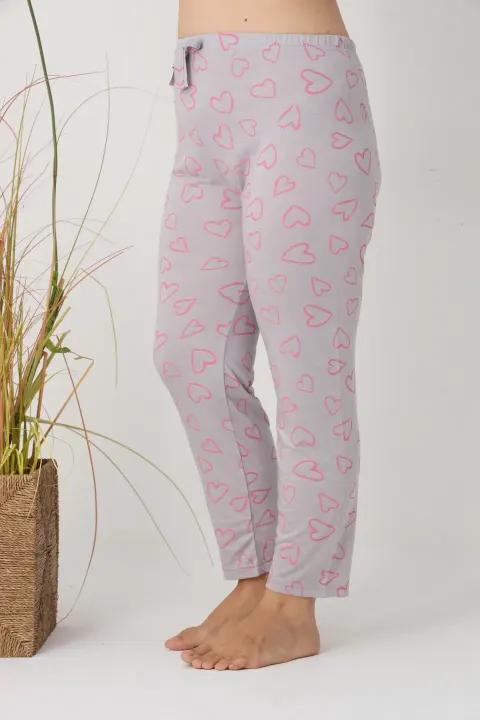 Pantaloni de pijama damă Big Size, gri cu inimioare roz