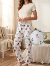 Pantaloni de pijama de dama alb cu ursi panda