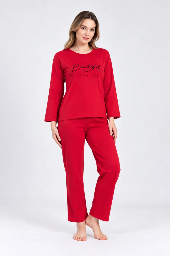 Pijama damă cu mânecă lungă și pantaloni  asortați, imprimeu ,,Beautiful Day"