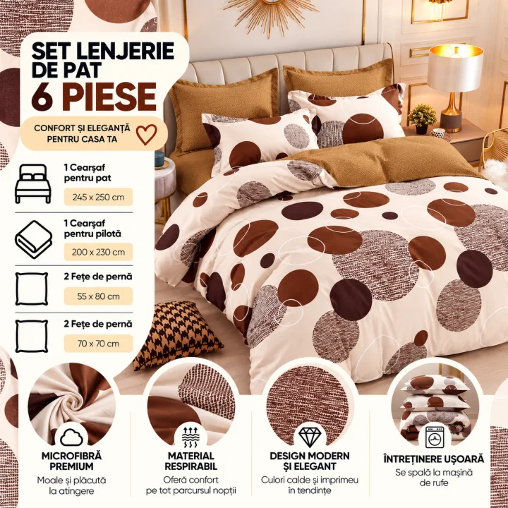 Set Lenjerie de Pat Dublu din Microfibră Premium, 6 Piese, Cearșaf 245x250 cm