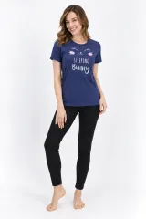 Pijama damă din bumbac cu bluză cu mânecă scurtă și pantaloni lungi. imprimeu Sleeping Bunny, albastru