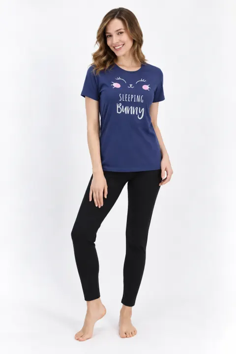 Pijama damă din bumbac cu bluză cu mânecă scurtă și pantaloni lungi. imprimeu Sleeping Bunny, albastru