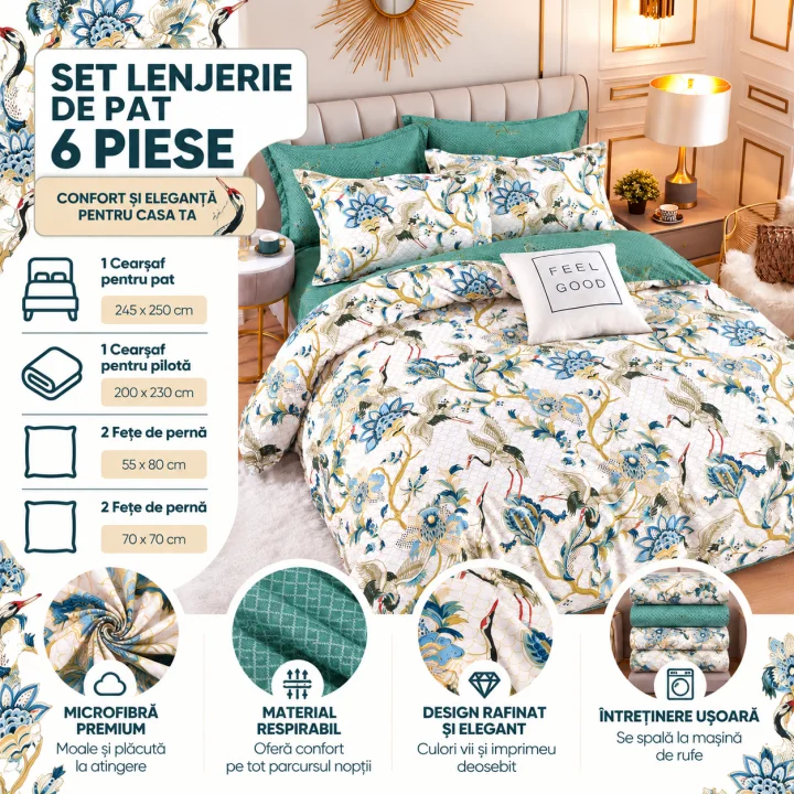 Set Lenjerie de Pat Dublu din Microfibră Premium, 6 Piese, Cearșaf 245x250 cm