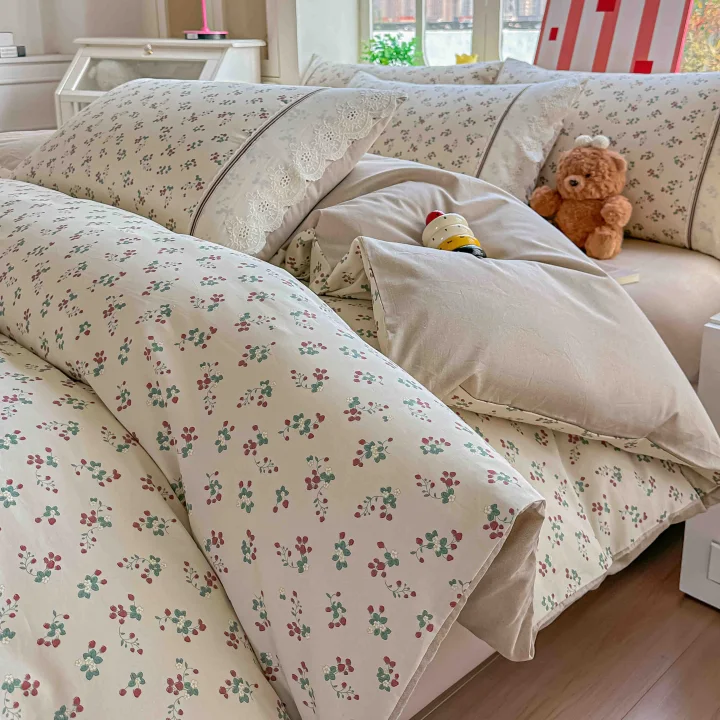 Lenjerie de Pat din 100% Bumbac cu Dantelă, 4 Piese, Cearșaf cu Elastic 180x200 cm