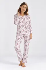 Pijama damă iarnă mărimi mari – albă cu imprimeu flori bordo