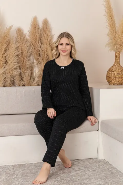 Pijama Damă de Iarnă – Negru cu Picățele Albe