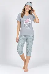 Pijama dama , tricou gri cu imprimeu "Flowers" , gri