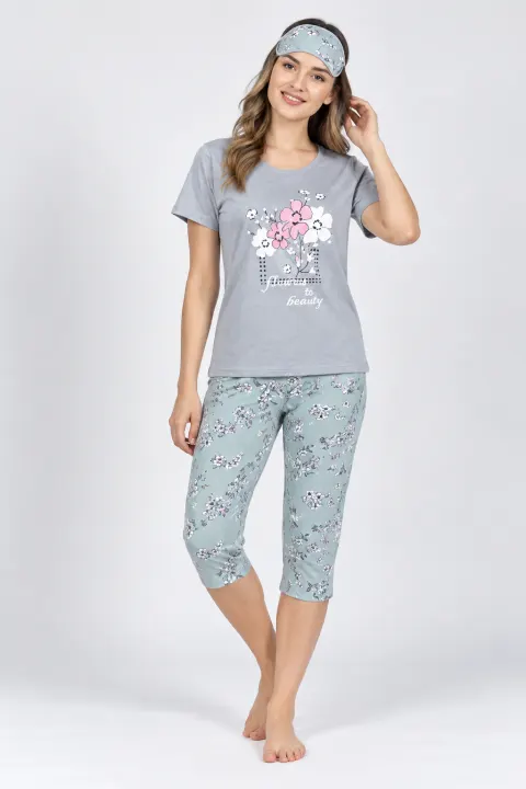 Pijama dama , tricou gri cu imprimeu "Flowers" , gri