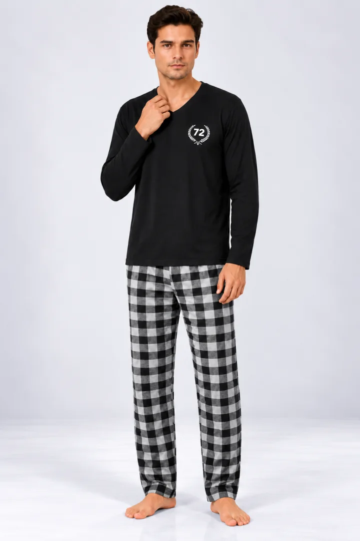 Pijama barbat negru cu carouri mari alb cu negru