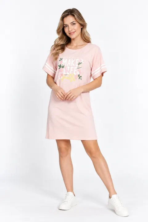 Rochie casual damă din bumbac 100%, cu mânecă scurtă și imprimeu „Make Life”, roz