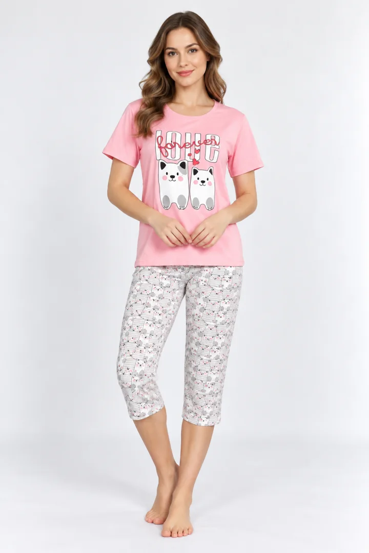 Pijama dama din bumbac, tricou roz cu imprimeu "Love"