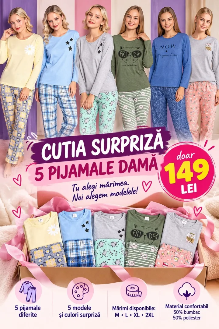 Cutia Surpriză – 5 Pijamale Damă, Mânecă Lungă și Pantaloni Lungi