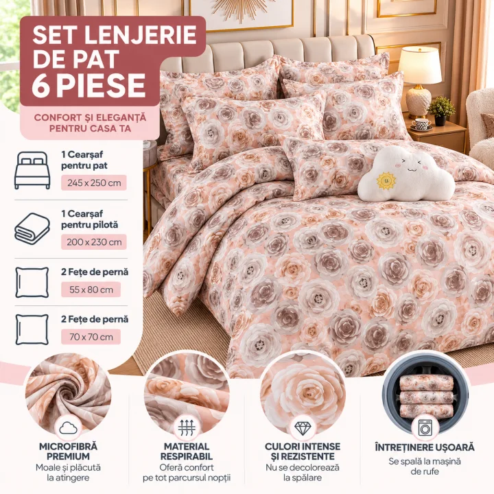 Set Lenjerie de Pat Dublu din Microfibră Premium, 6 Piese, Cearșaf 245x250 cm