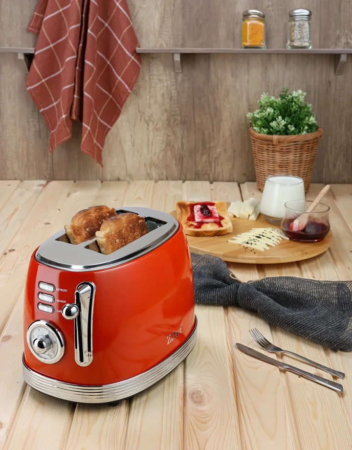 Prăjitor de Pâine Electric Retro, 850W, 2 Felii, 6 Trepte de Rumenire, Decongelare și Reîncălzire, Roșu