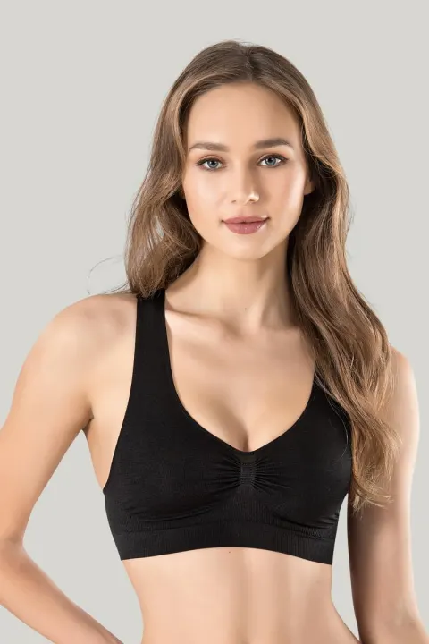 Bustieră sport damă Miss Fit elastică, cu bretele late, fără cusături și spate racerback, negru