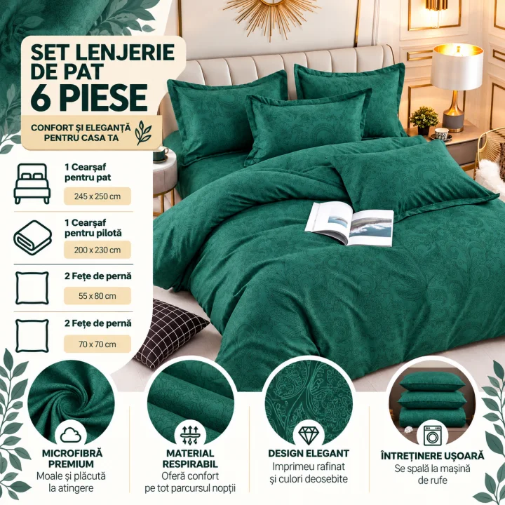 Set Lenjerie de Pat Dublu din Microfibră Premium, 6 Piese, Cearșaf 245x250 cm