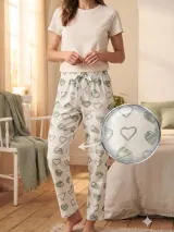 Pantaloni de pijama de dama alb cu inimi verzi