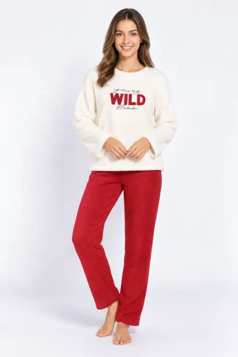 Pijamale damă cocolino alb și roșu cu imprimeu „Wild”