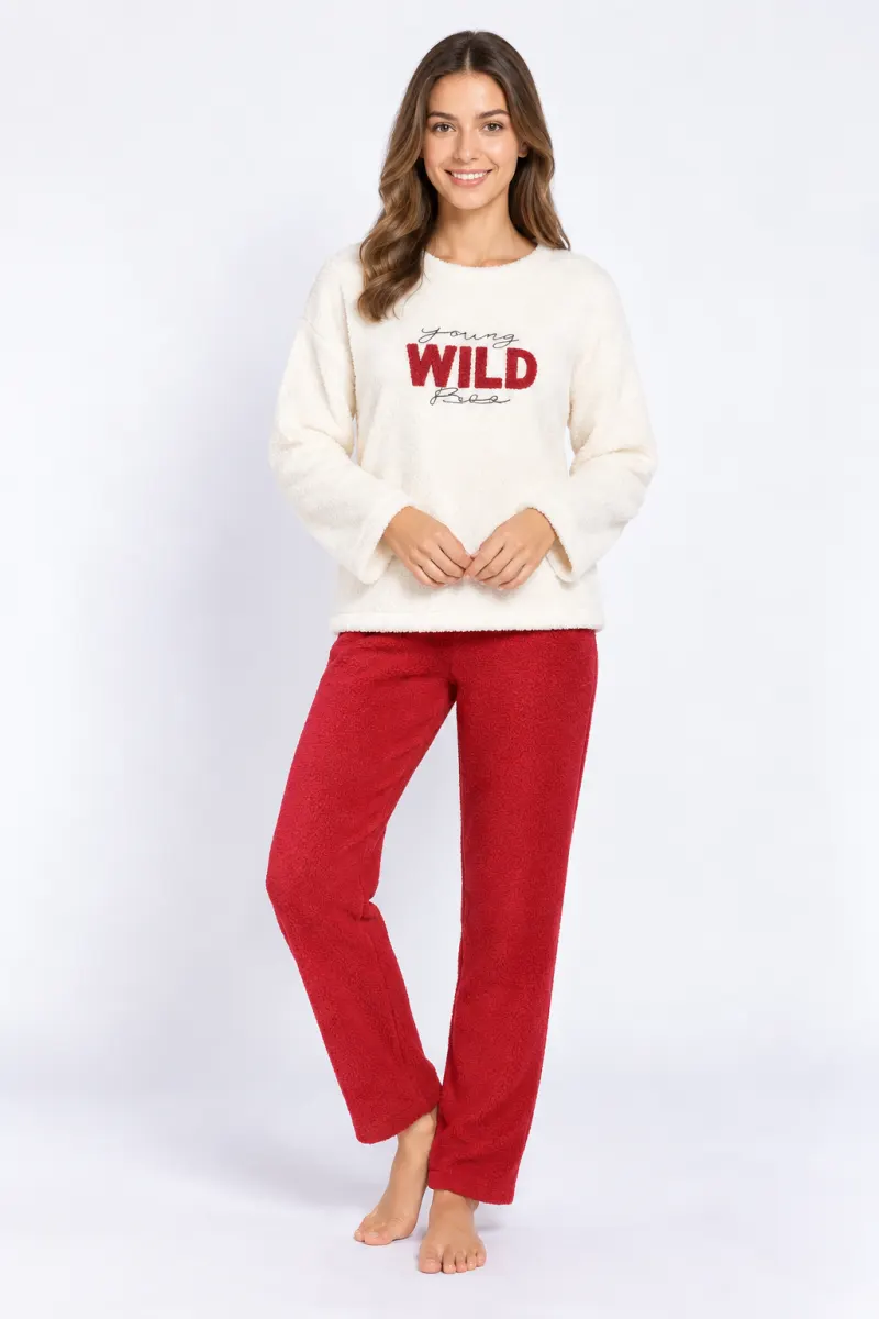 Pijamale damă cocolino alb și roșu cu imprimeu „Wild”