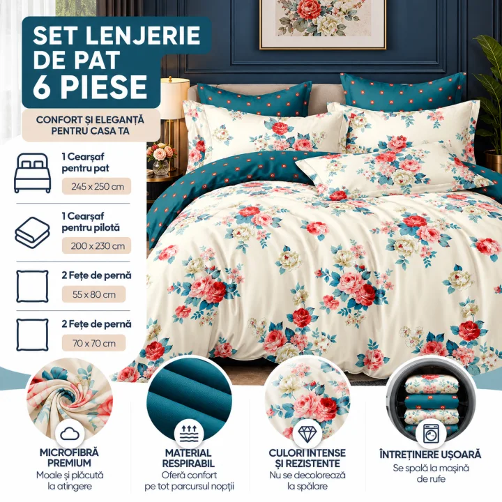 Set Lenjerie de Pat Dublu din Microfibră Premium, 6 Piese, Cearșaf 245x250 cm