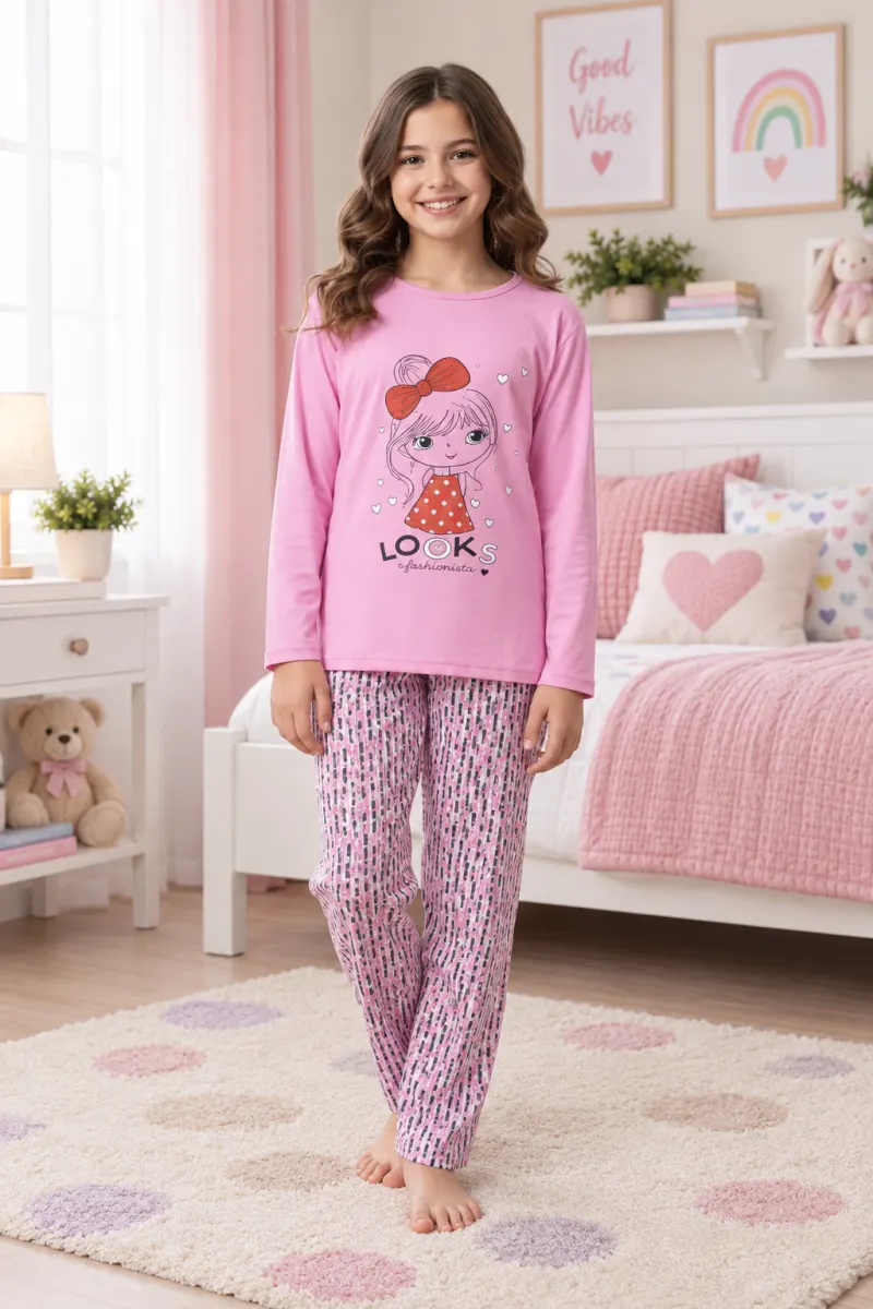 Pijama fetițe din bumbac cu mânecă lungă și pantaloni lungi – „Looks”, roz deschis
