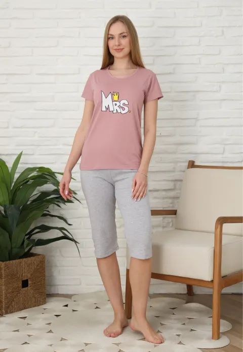 Pijama familie-damă, imprimeu MRS mov