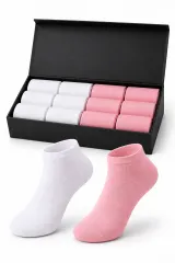 Set 12 perechi șosete scurte damă din bumbac, fără cusături, 6 albe + 6 roz