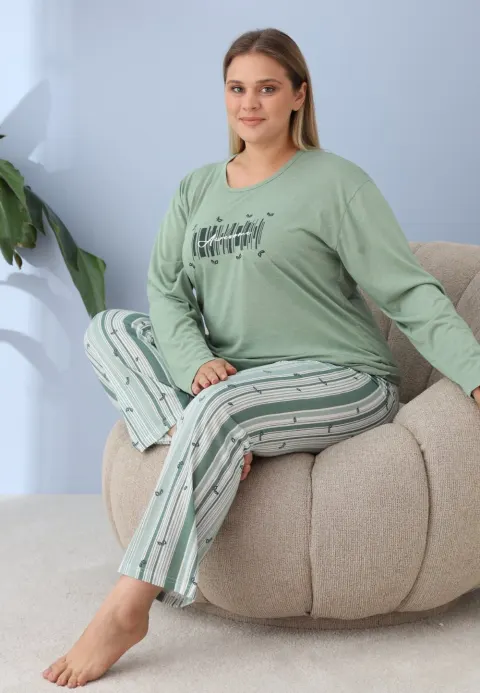 Pijama damă Big Size verde „Awesome” din bumbac